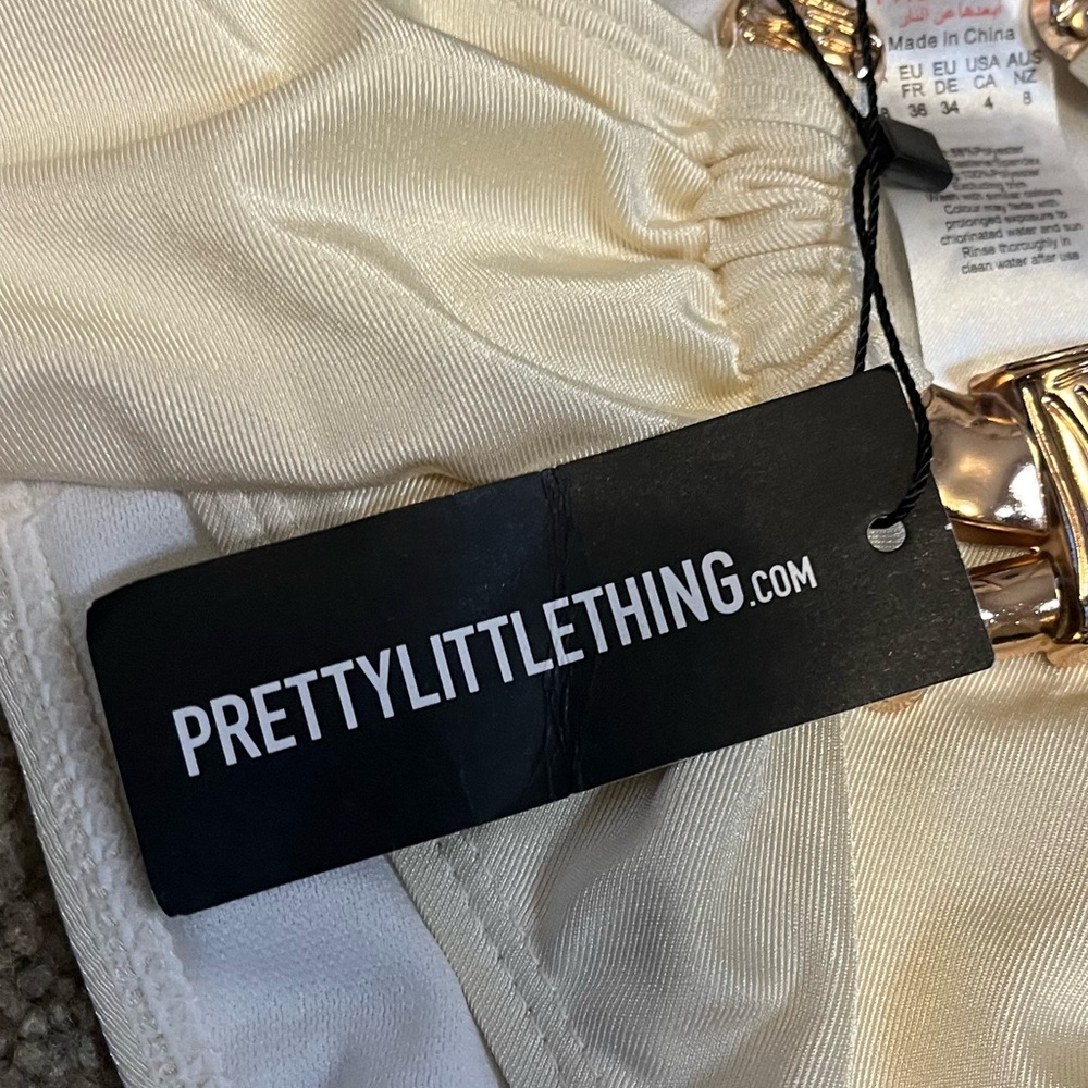 Pretty Little Thing Cream Hammered Trim High Waist Bikini Bottom size 4 - Picture 10 of 11